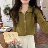 Woherb And Autumn New Polo Collar Sweater Short Jacket Women's Fashion Slim Pure Color Simple Small Cardigan Single Coat-Outfit