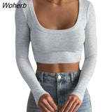 O Neck Ribbed Knitted Long Sleeve Shirts Women Sexy Cropped Tops y2k Casual Skinny Slim Basic T-shirts Tee Tops Black White-Outfit