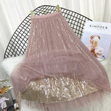 Women Korean Style Sequin Tulle A-line Skirt Vintage Elastic Waist Party Midi Mesh Skirt QT2199-Outfit