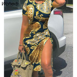 Drawstring Dress Women Fashion Print V-neck Short-sleeved Drawstring Tight Tshirt Dress Women-Outfit