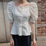 2021 Summer Cute Sweet Square Neck Tops Blusas Fashion Women Solid Colors Chic Korea Design Single Breasted Button White