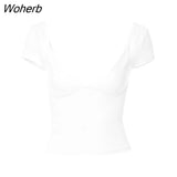 Women Summer Casual Solid Color T-Shirts Short Sleeve Crop Tops Backless V Neck Tee Tops Basic Slim Fit Tops Streetwear-Outfit