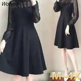 Sleeve Dresses Women Black Lace Patchwork Casual Office Ladies Elegant Slim Party Spring Vestidoes Chic Mid-Calf Vintage-Outfit