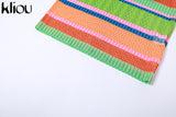 Kliou Mesh Striped Panelled Mini Dress Women Fashion Spaghetti Strap Multi-Color Body-Shaping Skirt Streetwear Female