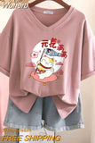 100% Cotton M-6XL T Shirt Japanese Cartoon Anime Tshirt Short Sleeve Women's Top Summer Couple V Neck Oversized T Shirts-Outfit