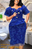 African Dresses For Women 2023 Elegant Flower Lace Midi Dress Sexy Mesh Short Puff Sleeve Robe Vestidos African Clothing-Outfit