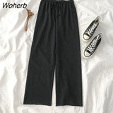 Women Drawstring High Waist Stretch Students Baggy Wide-leg Straight Trousers Draped Harajuku Hipsters Casual Slim Outwear-Outfit