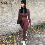 Kliou fashion tracksuit women turtleneck full sleeveless crop top+leggings matching set stretchy sporty fitness casual