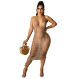 Sexy Fashion Ladies Hollowed-Out See Through Beach Knitted Tight Skirt Halter Neck Woolen