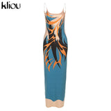 Kliou Aesthetic Print Camis Maxi Dress Women Loose Sleeveless V-Neck Cleavage Backless Casual Silky Sexy Party Midnight