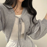 Thin White Knit Cardigan Women Summer Sunscreen Lace-Up Knitwear Tops Woman 2023 Lantern Sleeve Cropped Sun Protected Top-Outfit