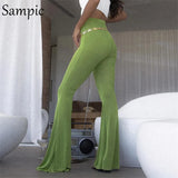 2021 Fashion Green Sexy Women Black High Waisted Skinny Knitted Sweat Pants Long Ladies Trousers Bodycon Flared