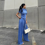 Woherb 2023 Summer New Thin T-Shirt High Waist Blue Pleated Floor Pants Casual Women's Fashion Suit-Outfit