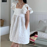 Woherb Korean Chic Summer New Style Small Pure And Fresh And Sweet Show Thin Jacquard Loose Reduce Age Flounce Square Collar Dress Female-Outfit