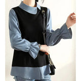 Korean Doll Collar Office Lady Fake Two Piece Long Sleeve Blouses Elegant Fashion Pullover Tops Women Loose Casual Shirts-Outfit