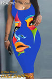 Figure Print Sleeveless U-Neck Bodycon Dress Women Spring Summer High Waist Slim Sheath Mini Dress-Outfit
