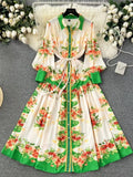 French Vintage Lapel Lantern Sleeve Print Dress Female Straps Closed Waist Show Slim Elegant Dress-Outfit