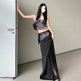 Woherb Summer New Women's Leather Buckle Print Chest Wrapped Small Vest Belt Slit Skirt-Outfit