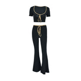 Top Pants 2 Piece Set Women New Sexy Casual Short Sleeve Crop Tees Slim Flare Trousers Sets Fashion Bandage Solid Outfits-Outfit