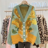2021 Autumn New Vintage Harajuku Sweaters Korean Floral Embroidery V Neck Midi Length Cardigans Japanese Kawaii
