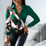 Women Fashion Shirt Lady Long Sleeve Blouse Turn-down CollarButton Design Print Casual