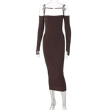 BOOFEENAA Classy Off The Shoulder Long Sleeve Bodycon Dresses for Women Sexy Fashion Brown Black Rib Knit Maxi Dress
