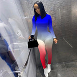 hirigin Women Gradient Print Long Sleeve Sport Bodycon Jumpsuit Bandage Skinny Jumpsuit Streetwear Autumn Winter Romper