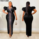 Summer Maxi Dress African Dresses for Women Sexy Elegant Elastic Long Bodycon Dress Rhinestone Robe Femme African Clothes-Outfit