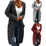 Women Sweater Mid-Length Women'S Overcoat Cardigan Solid Color Hooded Twisted Knitted Open Loose Sweaters-Outfit