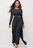 Sexy Round Neck Front Cross Long Sleeve Irregular Long Top And Match Skinny Pants 2 Piece