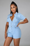 Casual Blue Button Up Short Sleeves Denim Jeans