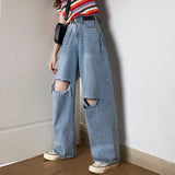Women Holes Casual Ripped Vintage Hip-hop All-match Chic Teens Harajuku Summer Wide Leg Trousers Ulzzang Mopping Popular-Outfit