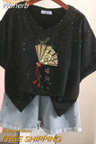 100% Cotton L-5XL Plus Size T Shirt Print Short Sleeve Women's Top Japanese Summer Sweet Couple V Neck Oversize T Shirts-Outfit
