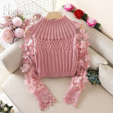 Flower Puff Sleeve Women Sweater Slim Short Style Patchwork Round Neck Knitting Female