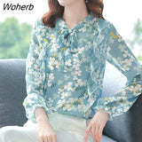 Floral Shirt Women's Long Sleeve New Bow Collar Fashion Temperament Blusa Feminino Tops-Outfit