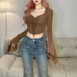 Woherb 2023 New Women's Solid Color Irregular Sleeve Drawn Pleated Rope Fish Bone Waist Exposed Umbilical T-Shirt-Outfit