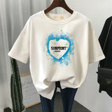 Plus Size T Shirt 100% Cotton L-6XL Tshirt Short Sleeve Women Top 2023 Summer Heart Print O Neck Oversized T Shirts-Outfit