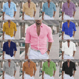 New Men's Summer Cotton-Blind Beach Shirt Long Sleeves Solid Hawaiian Holiday