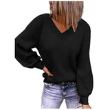 Woherb And Winter New Large Size Loose Sweater V-Neck Pure Color Pullover Sweater Female-Outfit