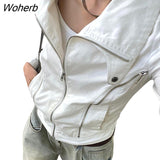 Zipper Pockets Cargo Jackets Solid Turn Down Collar Vintage Grunge Korean Streetwear Casual Coat Women Autumn Outwear-Outfit