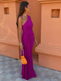 Orange Oblique Shoulder Maxi Dress For Women Sexy Slim Open Back Sleeveless Pleated Robe 2024 Female New Elegant Streetwear-Outfit