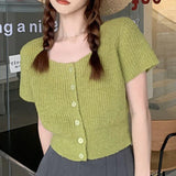 Woherb Spring And Summer New Korean Version Short Short Sleeve Jacket Female Small U Collar South Korea East Gate Thin Knit Cardigan-Outfit
