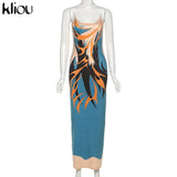 Kliou Aesthetic Print Camis Maxi Dress Women Loose Sleeveless V-Neck Cleavage Backless Casual Silky Sexy Party Midnight