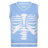 Skeleton Print Y2K Knit Sweater Vests V-neck Chic Loose Cute Pullovers Streetwear Aesthetic 90s Knitwear