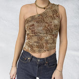 Vintage Chinese Style Print Crop Top Asymmetric Slim Fit One Shoulder Vests E-girl Aesthetic Fashion Women Summer Tank