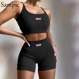Knitted Summer Sexy Women Tracksuit Shorts Two Piece Set Sport Letter Print Tops And Mini Biker High Waisted Shorts