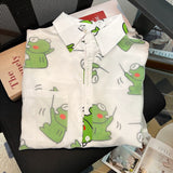 Korean Top Harajuku Summer Top Chiffon Blouse Woman Novelty 2023 Kawaii Cool Tops for Woman Cartoon Frog Print Shirt-Outfit