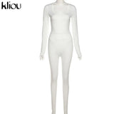 Kliou Solid Concise Two Piece Set Women Skinny Bodycon-shaping Crew Neck Bodysuit+High Waist Slim Sporty Leggings
