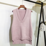 V-Neck Knitted Vest Autumn Casual Sleeveless Solid Sweater Vest Korean Preppy Winter Loose Split Lady Jumper Tops