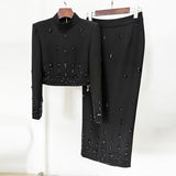 Star Fashion New Heavy Industry Nails Studded Short Top Dress Suit Two